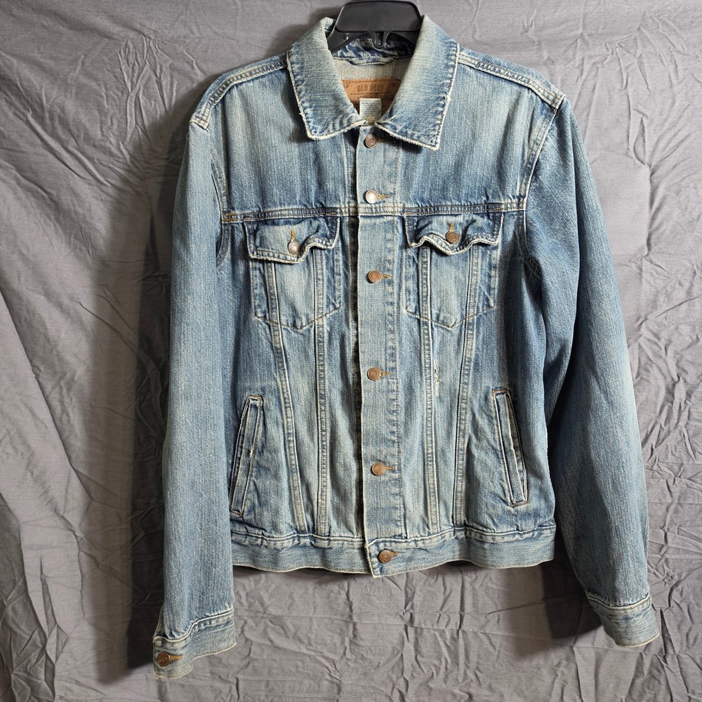 Old Navy Blue Jeans Mens Medium Light Wash Denim Trucker Jacket Distressed 90s